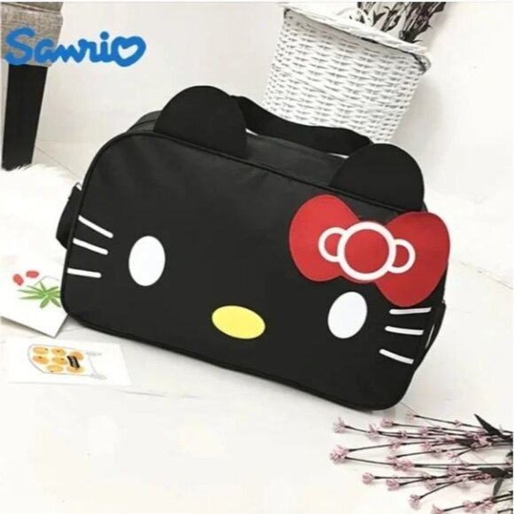 Hello Kitty Black Travel Duffel Bag With Red Bow & Adjustable Strap By Sanrio - Picture 2 of 6